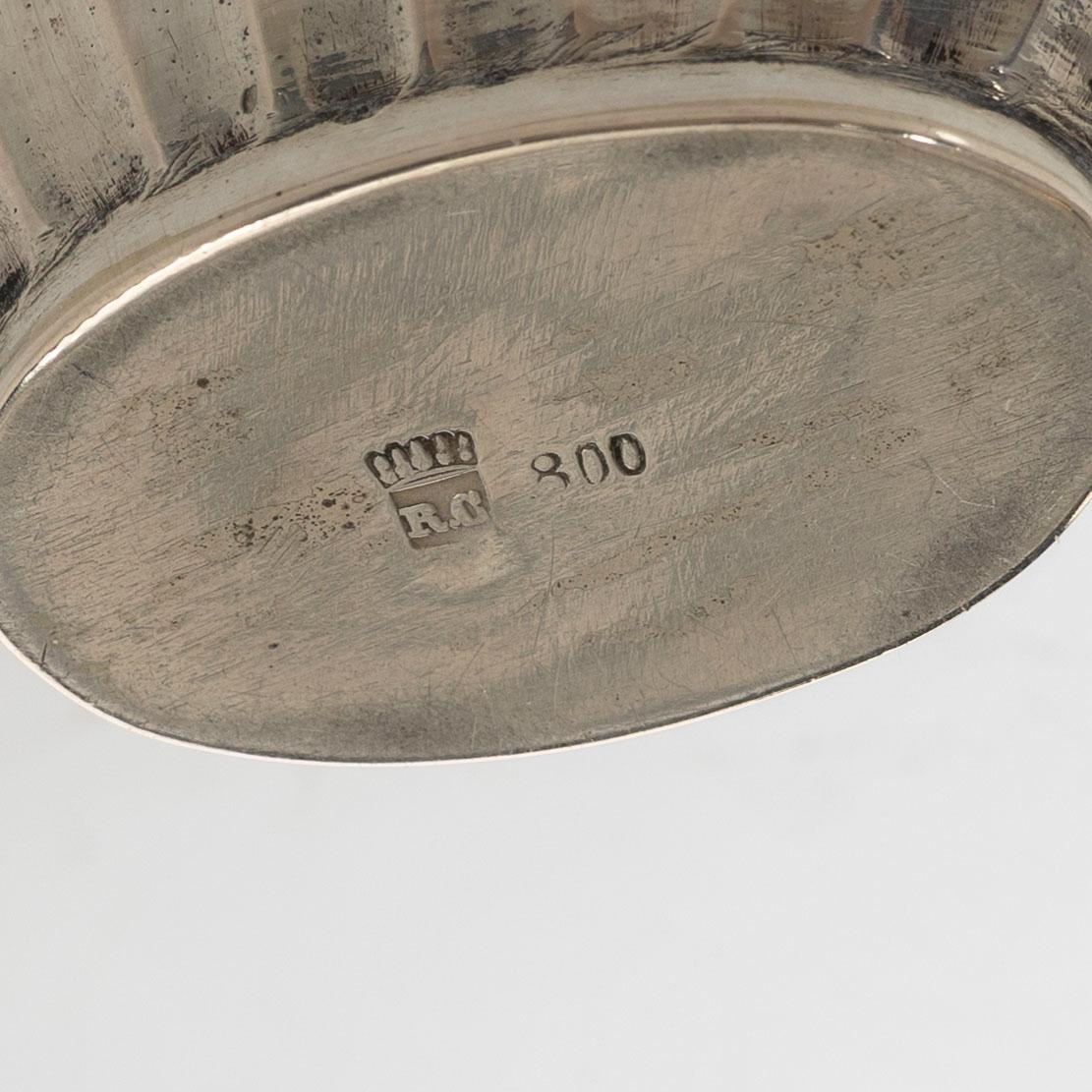 Three cups, dish, basket, jug, bowl, and ring holder, silver.