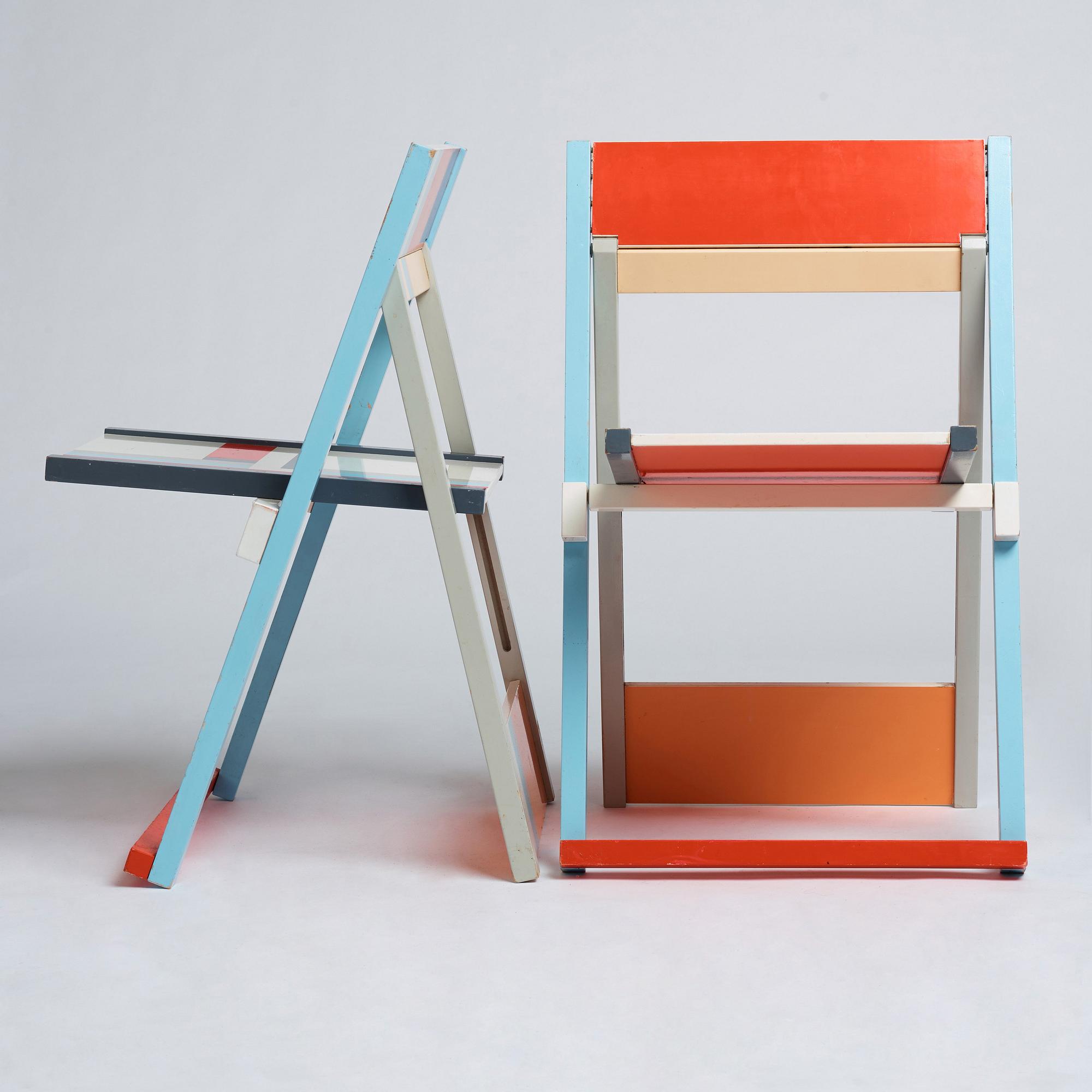 Igor Cronsioe, a pair of folding chairs, "Sudden Seat", ed. 76/95 & 87/95, Futura Gallery, Stockholm, Sweden 1983.