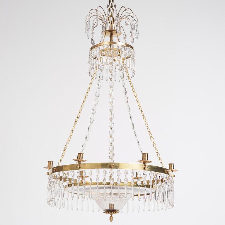 A late Gustavian gilt brass and cut glass seven-light chandelier, late 18th century.