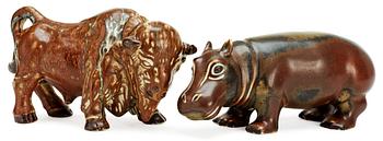 394. Two Gunnar Nylund stoneware figures, a bison and a hippo, Rörstrand.