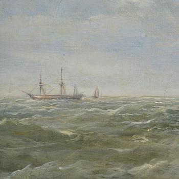 James Edwin Meadows, Sailing boats in rough weather by the coast with a lighthouse.