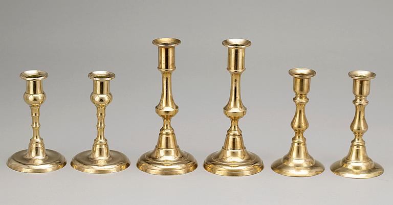 LJUSSTAKAR, 6 st, mässing, 1800/1900-tal.