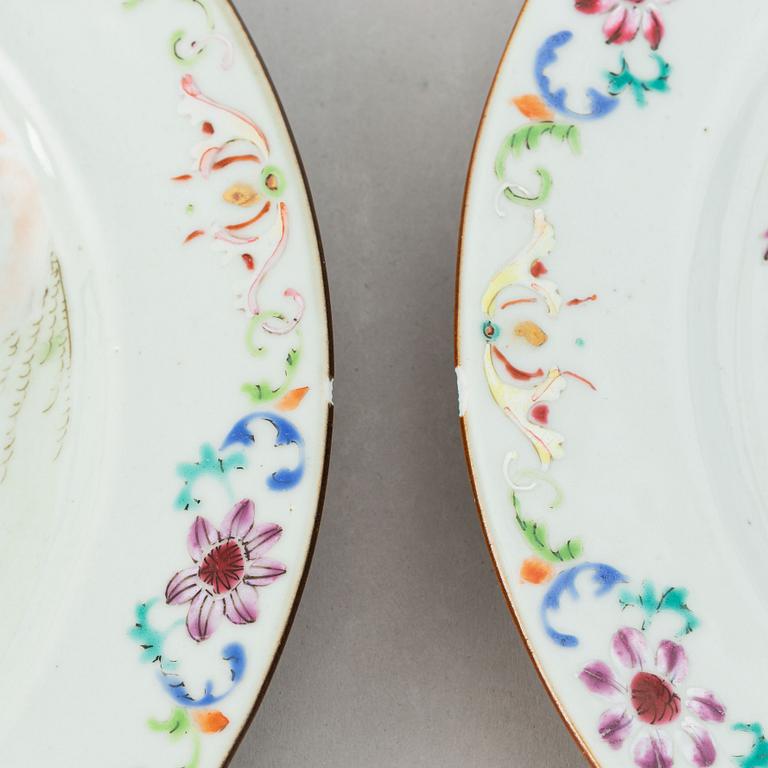 A set of three famille rose "double peacock" serving dishes, Qing dynasty, Qianlong (1736-95).