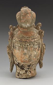 A Yuan/Ming style sculptured and painted wood head of Bodhisattva Guanyin, possibly Ming dynasty (1368-1644).