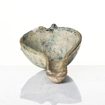 A painted pottery bell and a green glazed spoon, Han dynasty  (202 BC-220 AD).