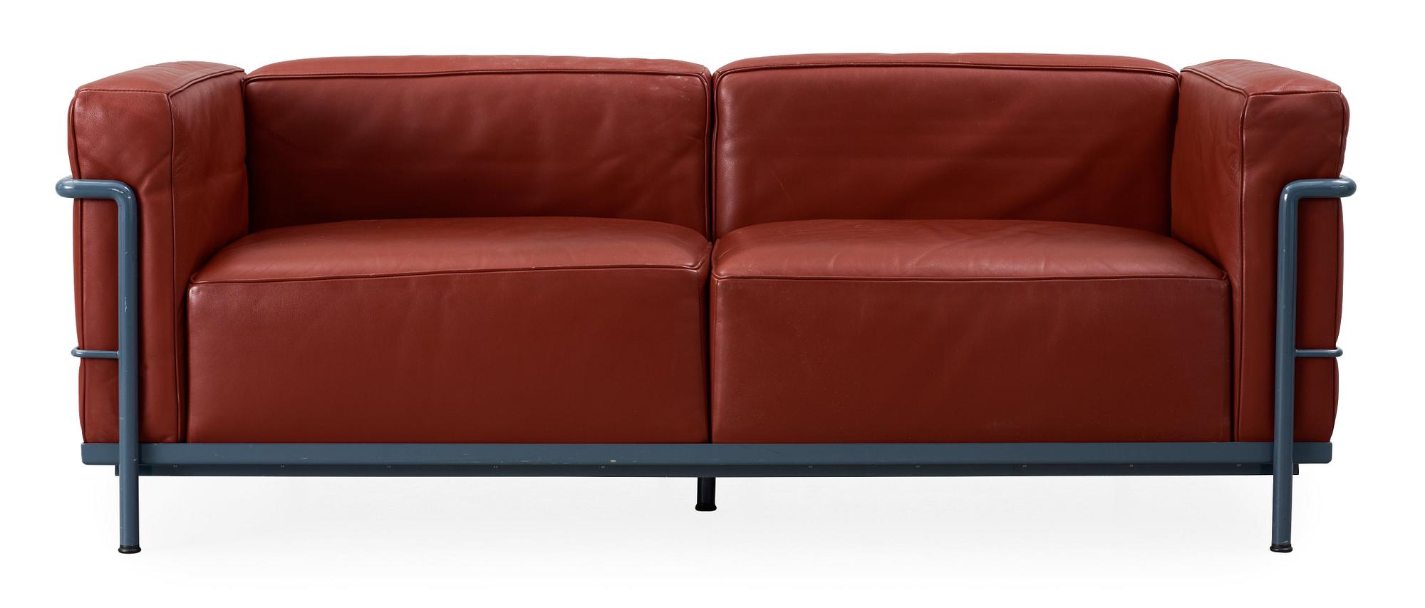 A Le Corbusier, Pierre Jeanneret & Charlotte Perriand brown leather and chromed steel 'LC-3' sofa, Cassina, Italy.