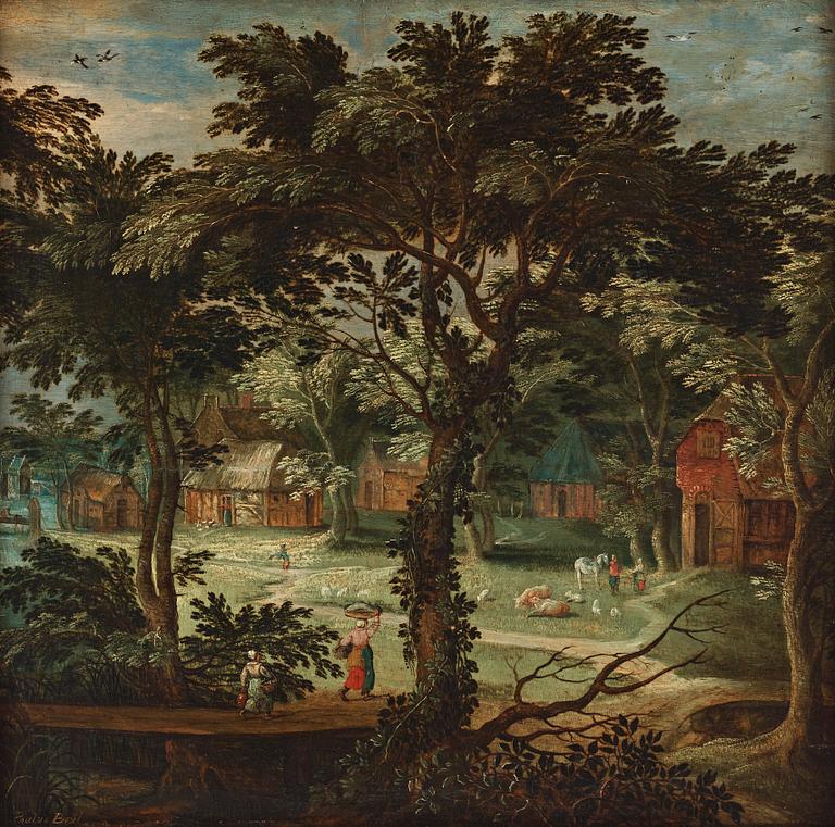 Adriaen van Stalbemt Circle of, Landscape with figured beside a village.