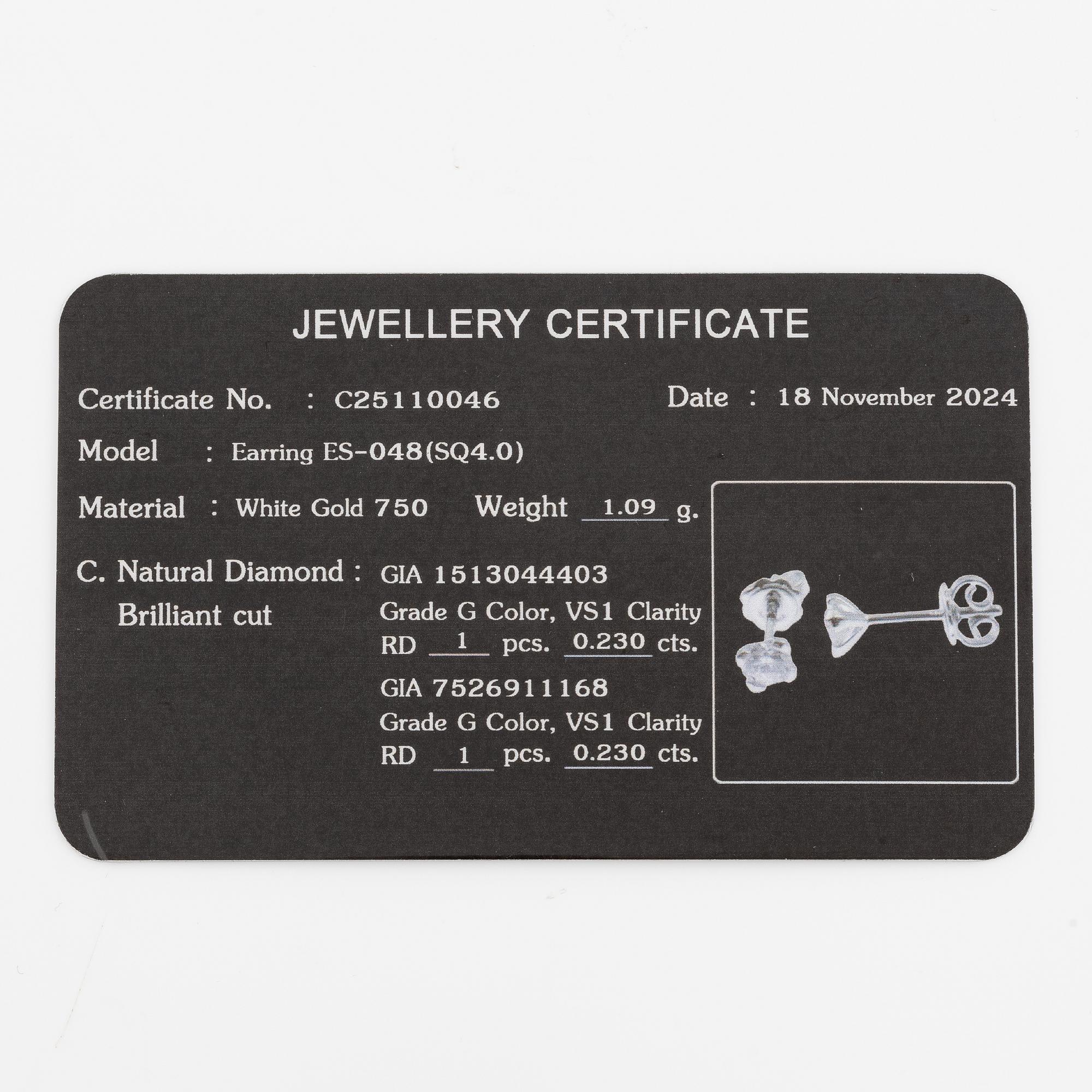 Earrings 18K white gold set with brilliant-cut diamonds, accompanied by GIA dossier.