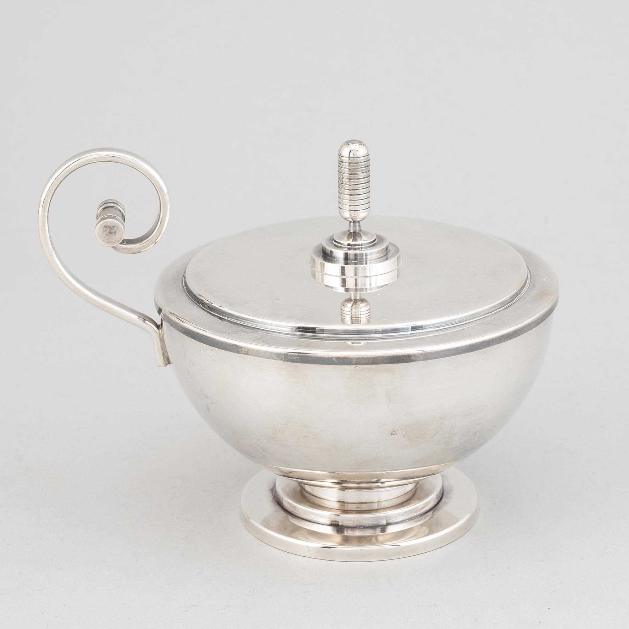 A Swedish silver plated sugar bowl with lid, CG Hallberg, probably designed by Sylvia Stave.