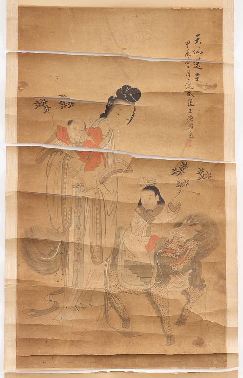 RULLMÅLNING, av Wang Rong. "Tian Xian Songzi", signerad samt daterad 1904.