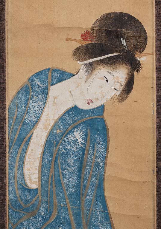 A Hanging Scroll, ink and color on paper. A beuty in blue, follower of Kitagawa Utamaro.