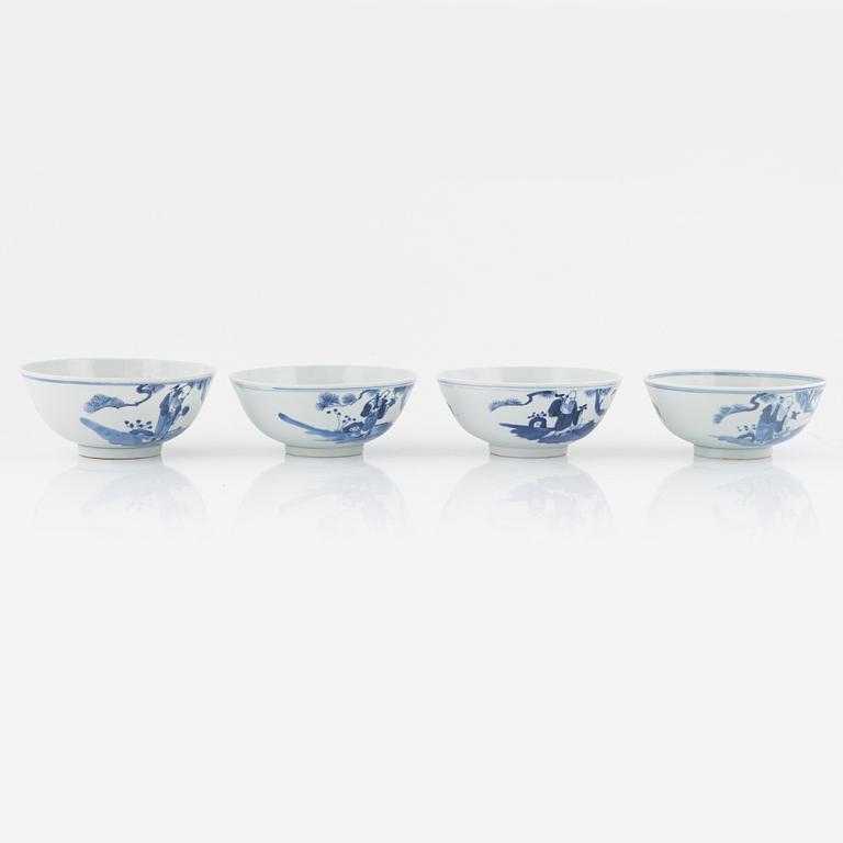 A set of four Chinese blue and white bowls, Qing dynasty, 19th century.