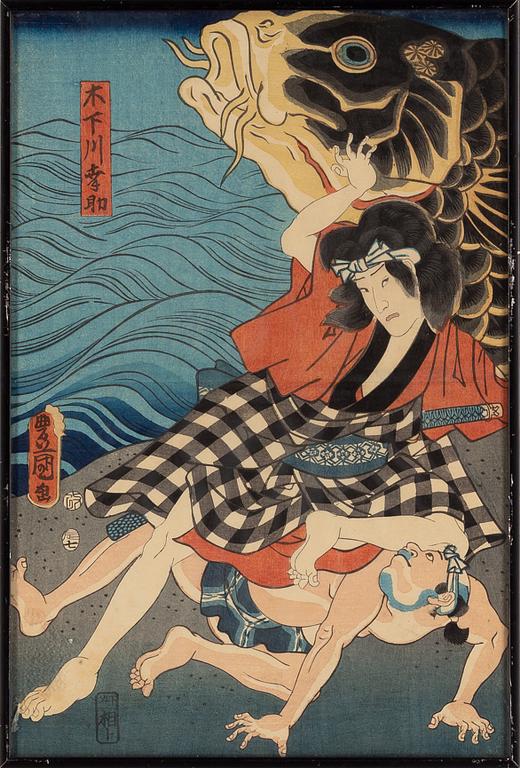 Utagawa Kunisada (Toyokuni III), färgträsnitt, diptyk, Japan, 1800-tal.