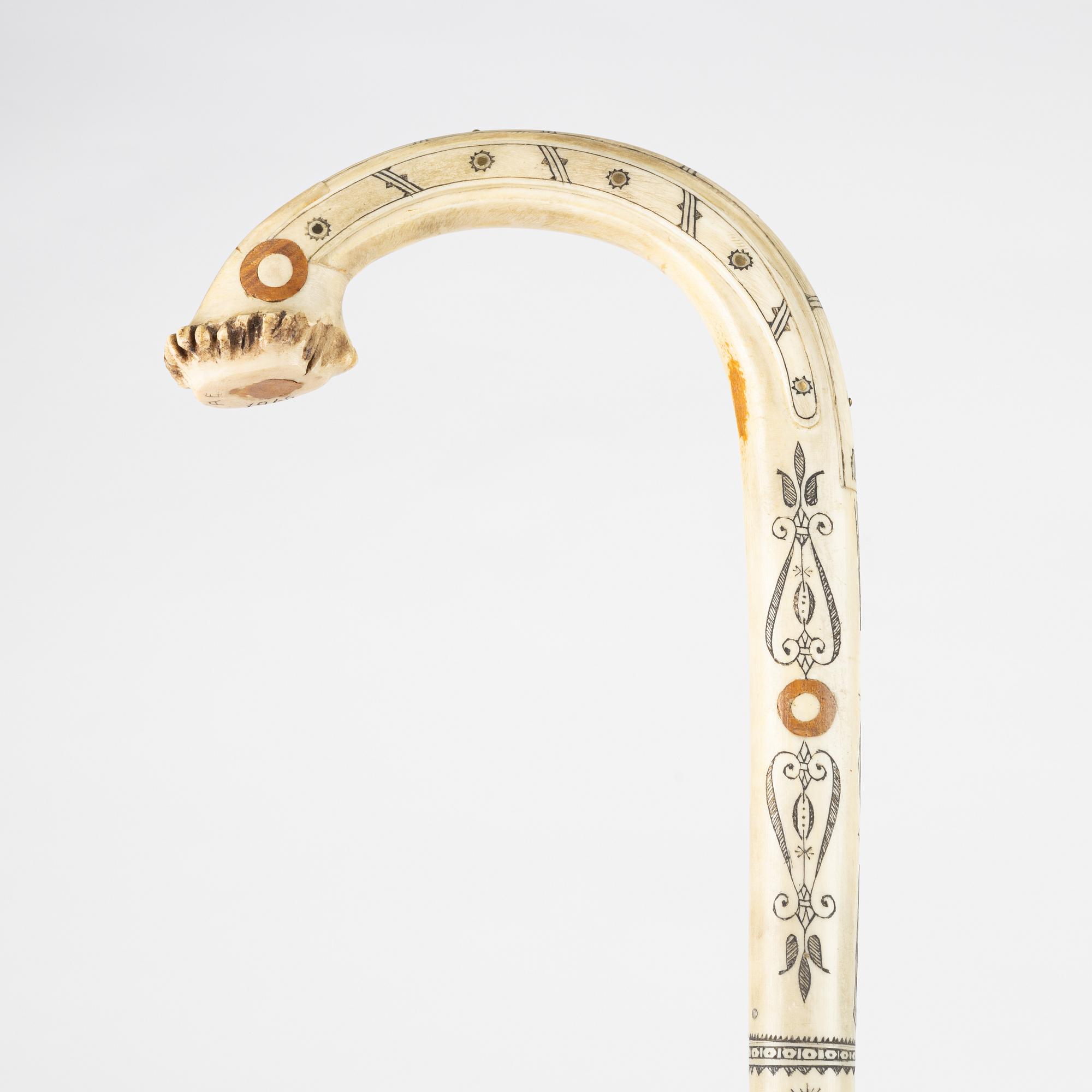 Anton Enarsson, a reindeer horn, birch and pewter walking stick, signed AE and dated 1965.