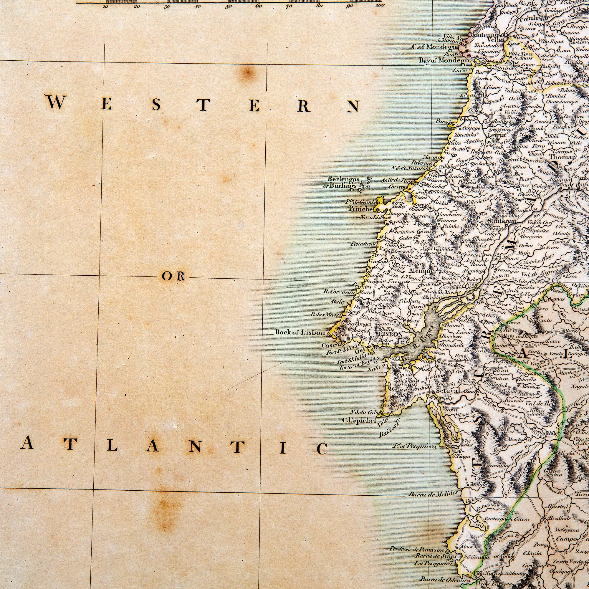 John Cary, map of Portugal, hand colored copper engraving, London 1801.