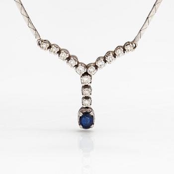 An 18K white gold necklace with a sapphire and diamonds ca. 0.41 ct in total. Finnish import marks.