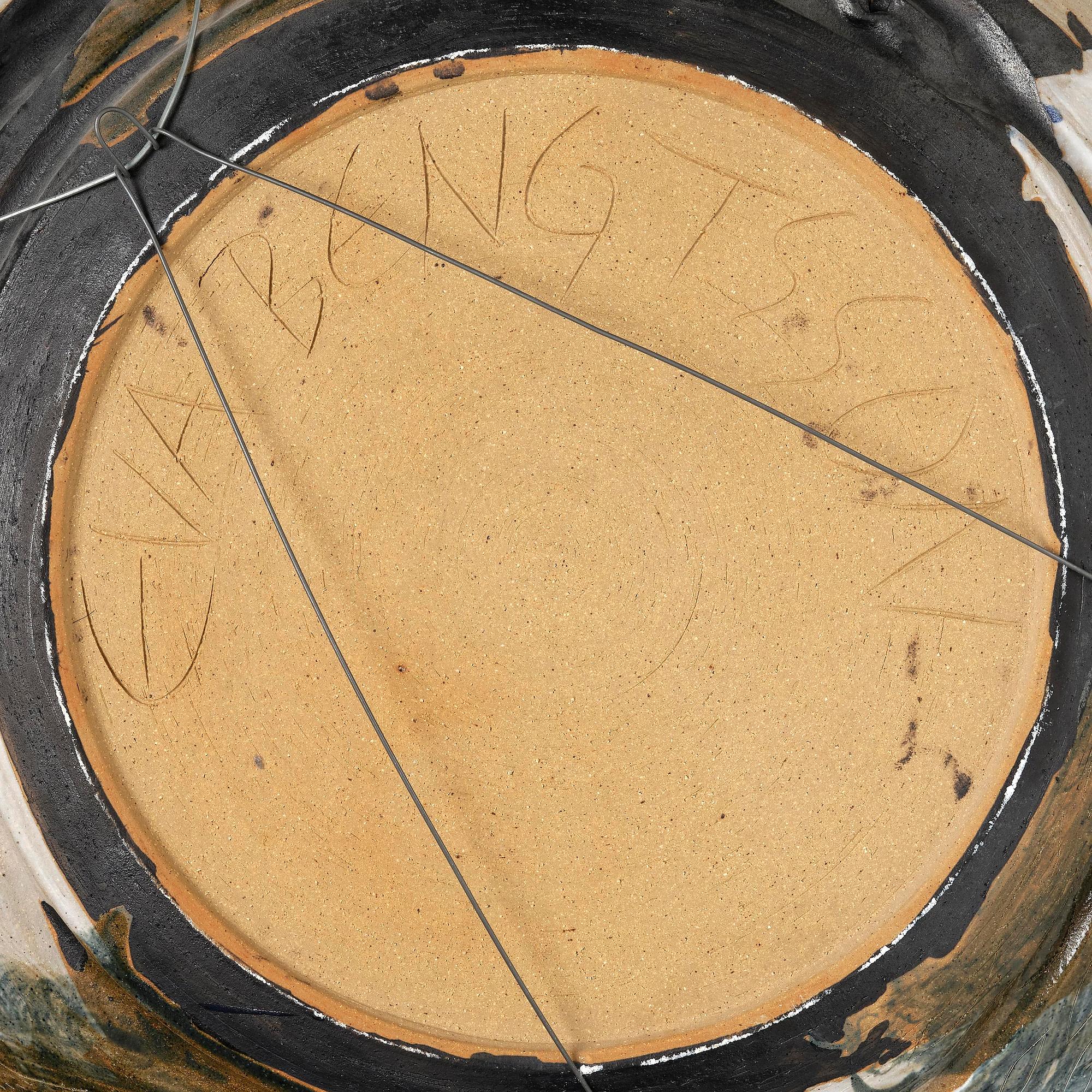 Eva Bengtsson, a large decorative chamotte stoneware dish, own studio, Frillesås, 1990s.