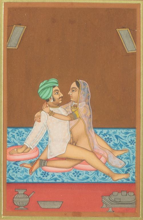 Oidentifierad konstnär, Erotiska scener, Indien, 1900-tal. Tre stycken.