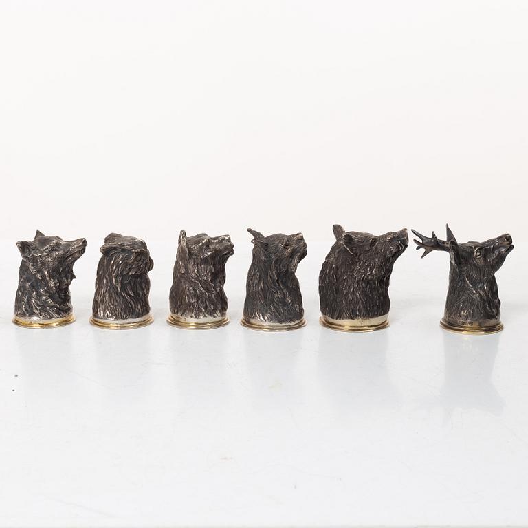 Six Russian parcel-gilt silver animal's head stirrup cups, including with mark of Nikols & Plinke, St. Petersburg.