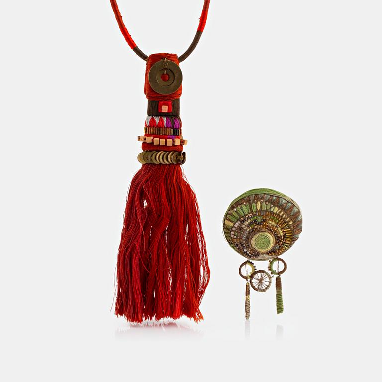 Sonja Hahn-Ekberg, two textile works, a necklace and a brooch, Sweden 1960's.