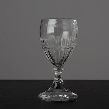 A large bottle and six glasses, Sweden, Reijmyre glassworks, circa 1810. Engraved by Anders Spolander.