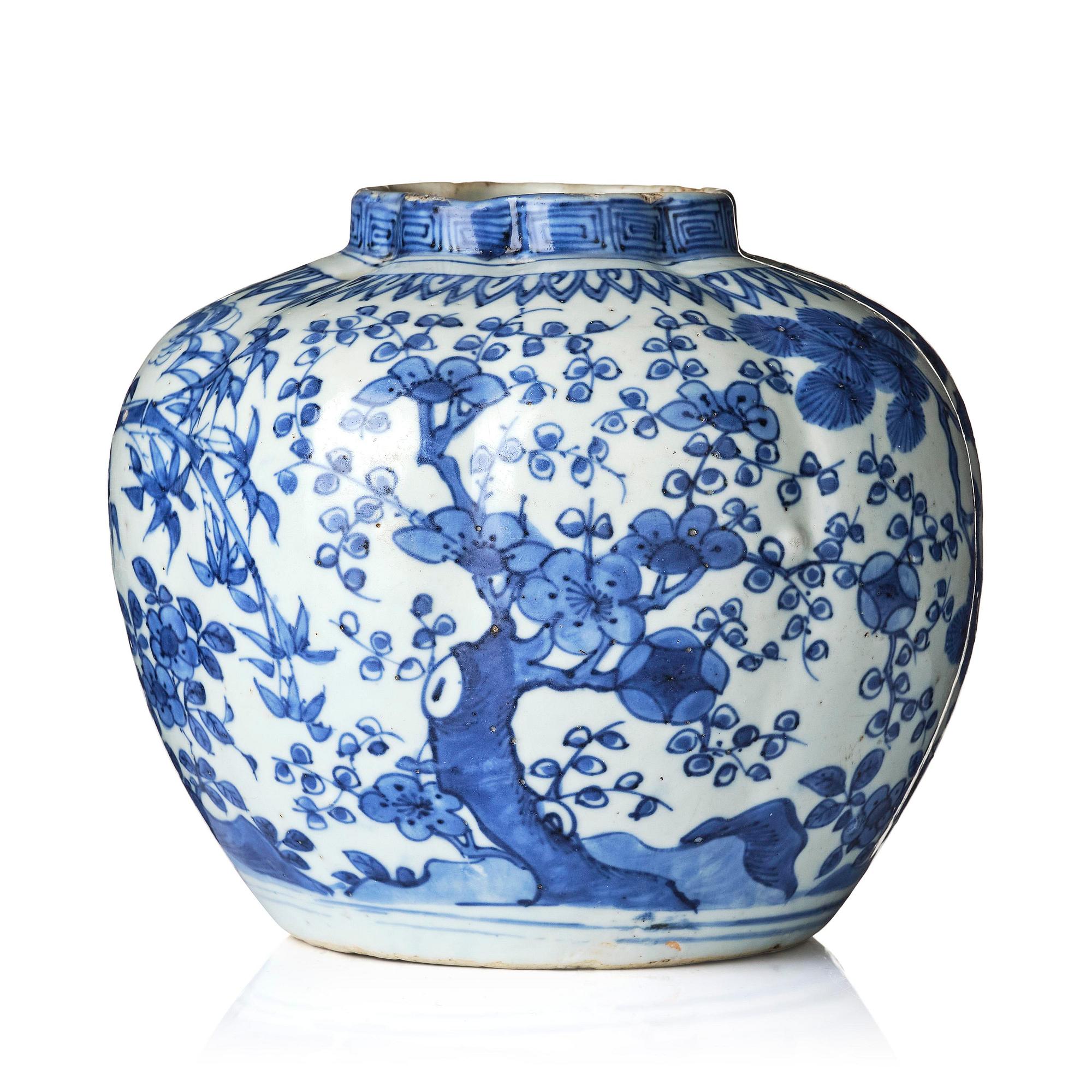 A blue and white melon shaped 'three friends of winter' jar, Ming dynasty, Wanli (1572-1620).