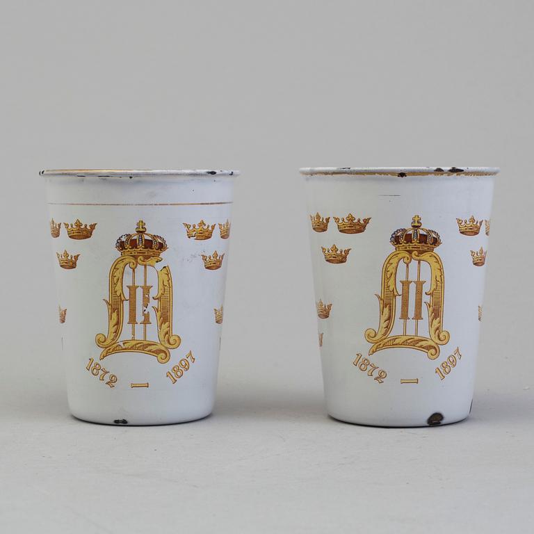 A pair memorial enamel cup in memory of Kin Oscar II's 25 years on the trone, 1872-1897, produced by Kockums.