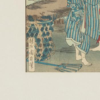 Different artists, four colour woodblock prints, Japan.