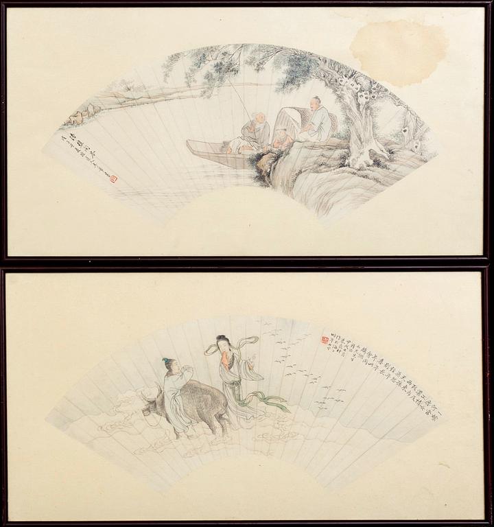 Two fan paintings by unknown artist, late Qing dynasty, circa 1900.