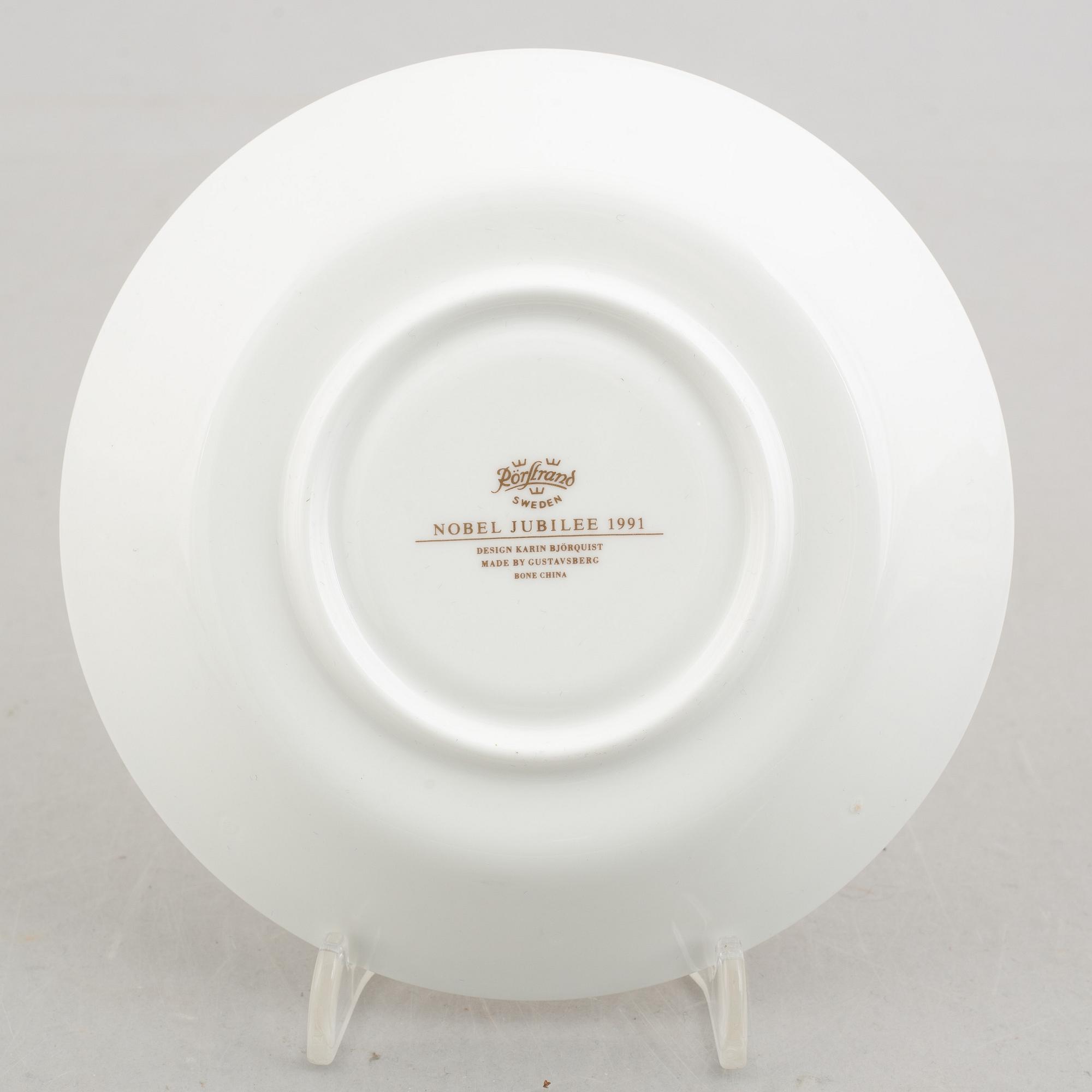 Karin Björquist, five 'Nobel' bone china coffee cups with saucers, Rörstrand.