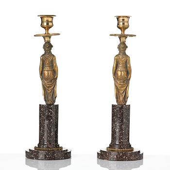 A pair of late Gustavian gilt brass and 'Blyberg' porhyry candlesticks in the manner of F. L. Rung, early 19th century.