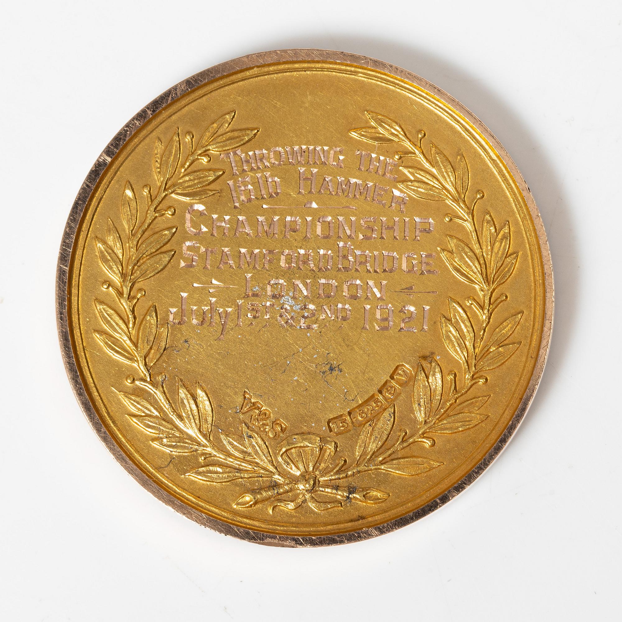 Medalj, 15K guld, England, 1921.