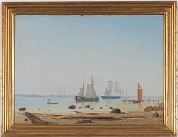 Carl Julius Emil Olsen, Coastal Scene with a Jetty and Boats in Calm Water.