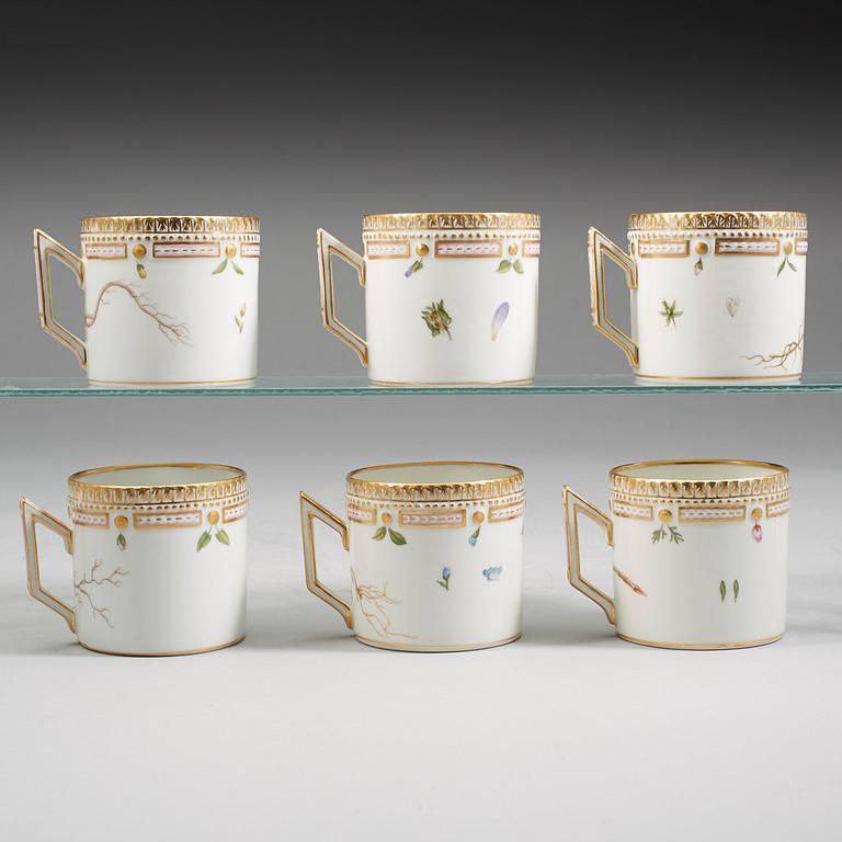 A set of six Royal Copenhagen 'Flora Danica' coffee cups with saucers, Denmark, 20th Century.