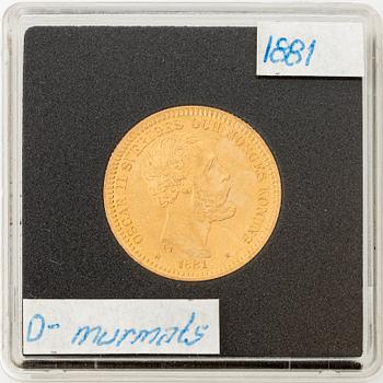 Guldmynt, Oscar II, 20Kr, typ III, Sverige 1881.