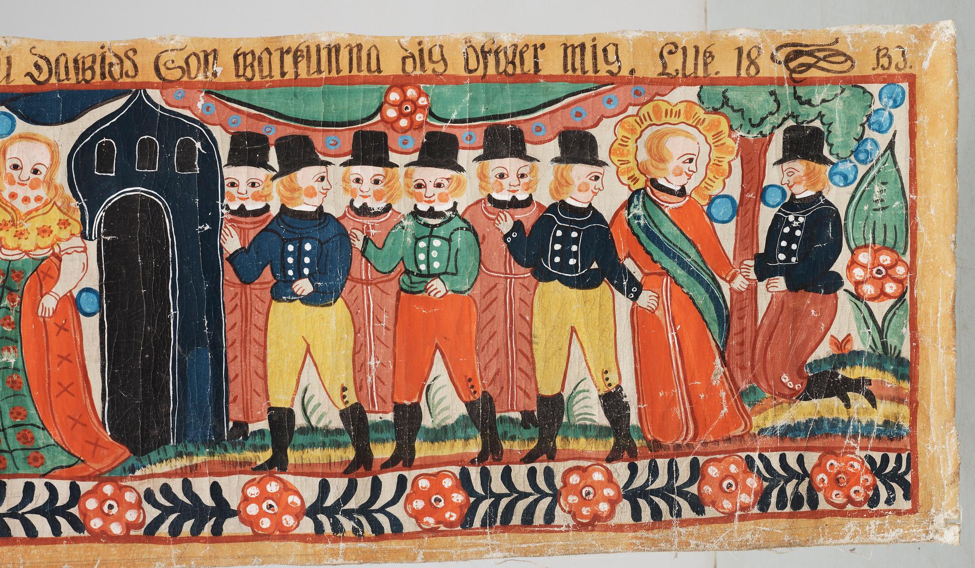 VÄGGMÅLNING, allmogestil, Bernhard Jönsson, 1900-tal. Monogramsign.