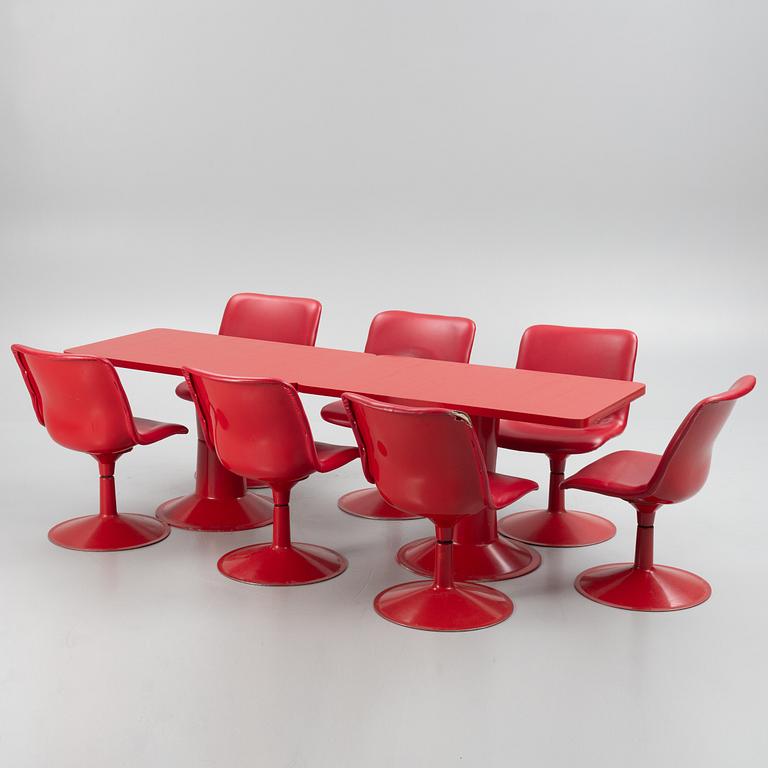 Yrjö Kukkapuro, a pair of 'Saturnus' tables and seven chairs, Haimi, Finland, 1970's.