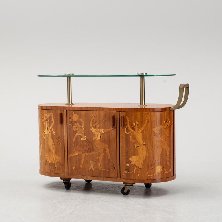 Birger Ekman, attributed to, a Swedish Modern bar-trolley by Mjölby Intarsia, 1930-1940's.