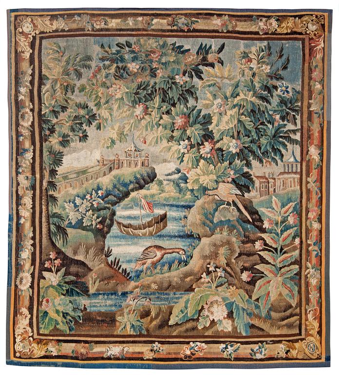 VÄVD TAPET. Gobelängteknik. 281 x 250,5 cm. Sannolikt Aubusson, Frankrike 1700-talets början.