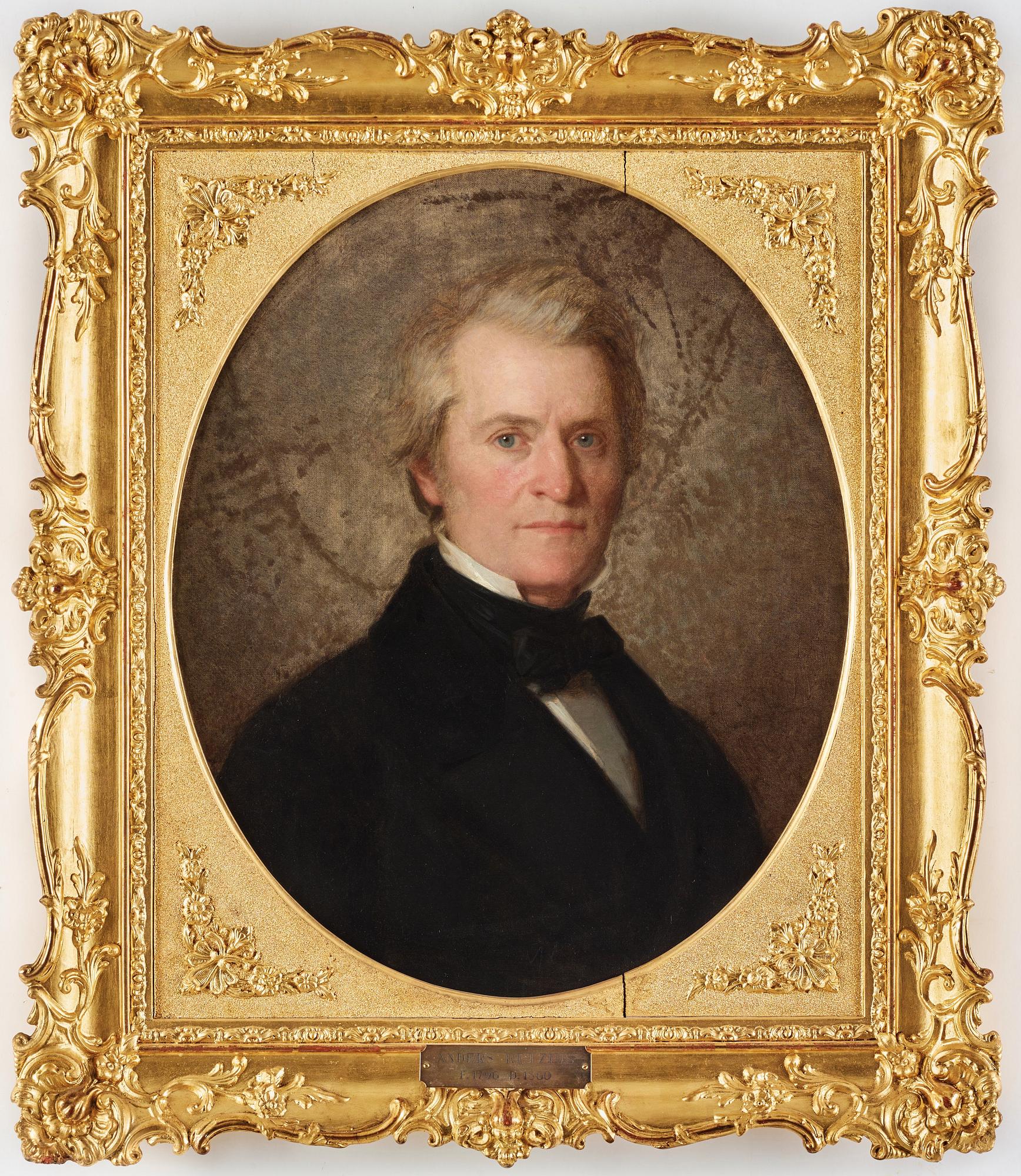 Uno Troili, Porträtt av Professor Anders Retzius (Lund 1796-1860 Stockholm), bröstbild, svart rock med spännhalsduk.