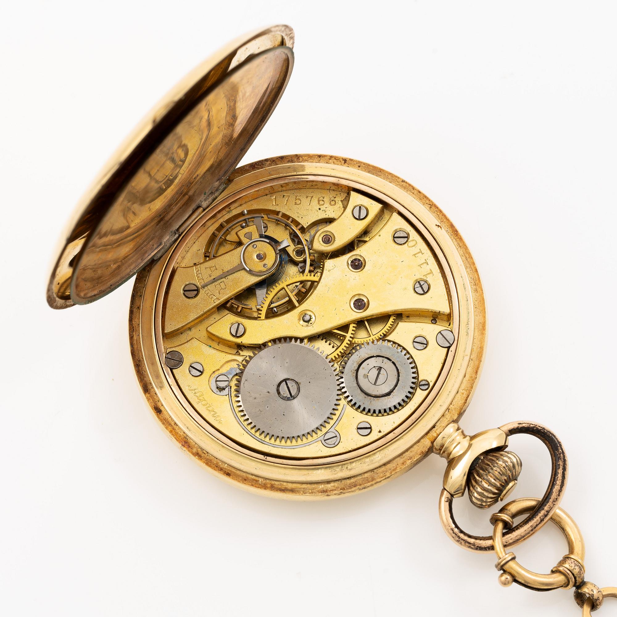 Pocket watch, Alpina, 14K gold, hunter, chain in 18K gold.