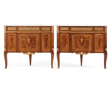 22. A pair of Gustavian marquetry, ormolu-mounted, and marble encoignures by G. Iwersson (master in Stockholm 1778-1813).