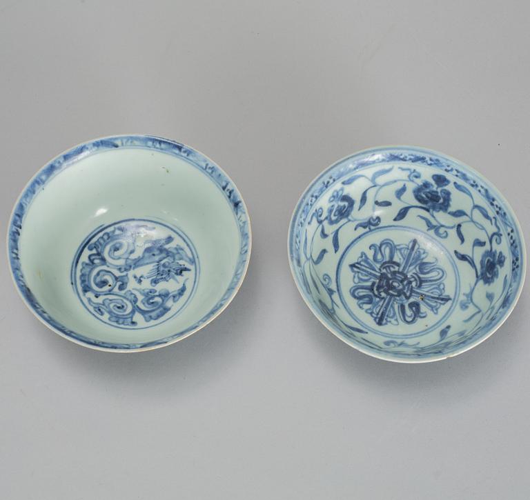 A group of two blue and white bowls and a dish, South East Asian, 17th Century.