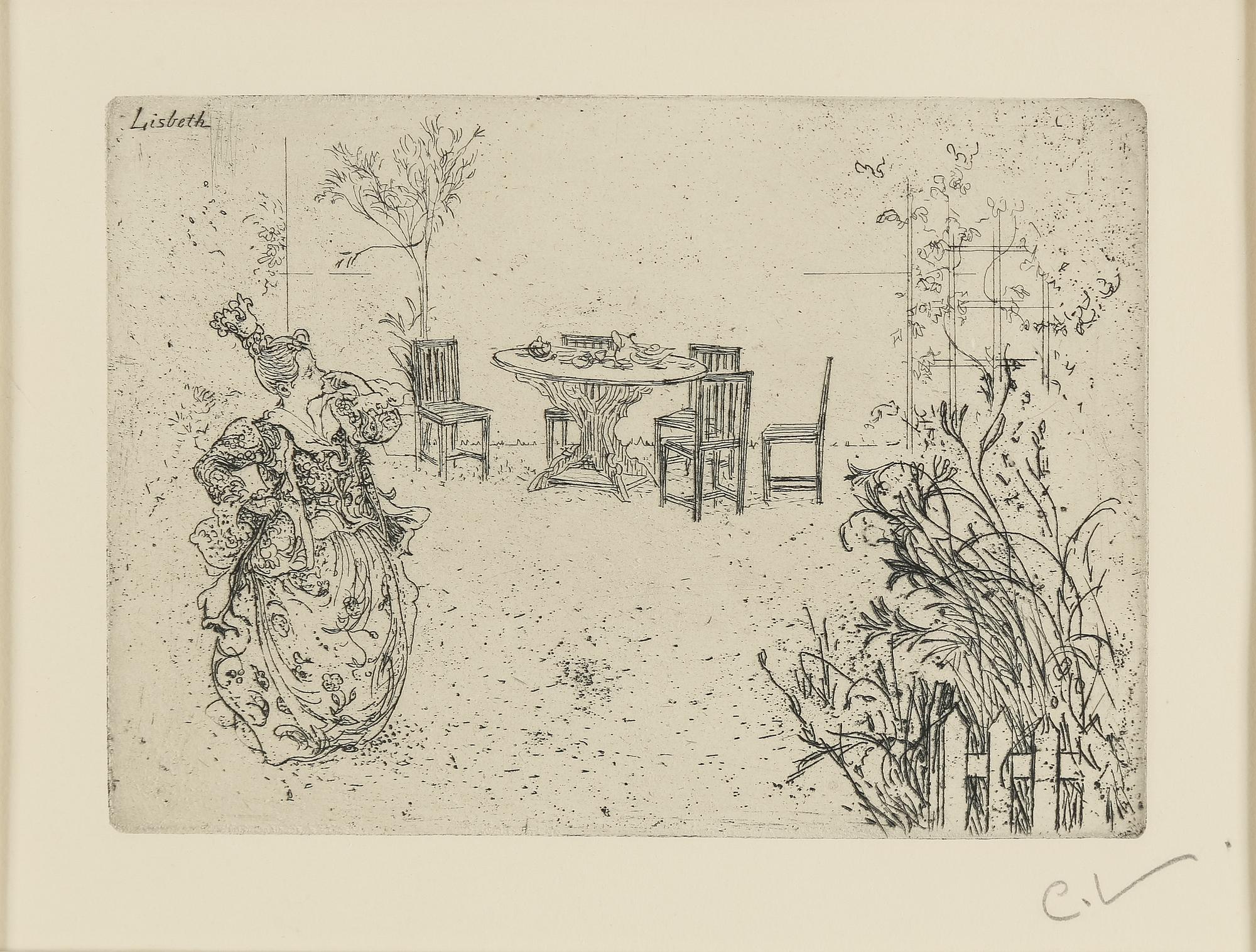 CARL LARSSON, etching, signed C.L. in pencil. Executed 1909. State 2. "Lisbeth play acting".