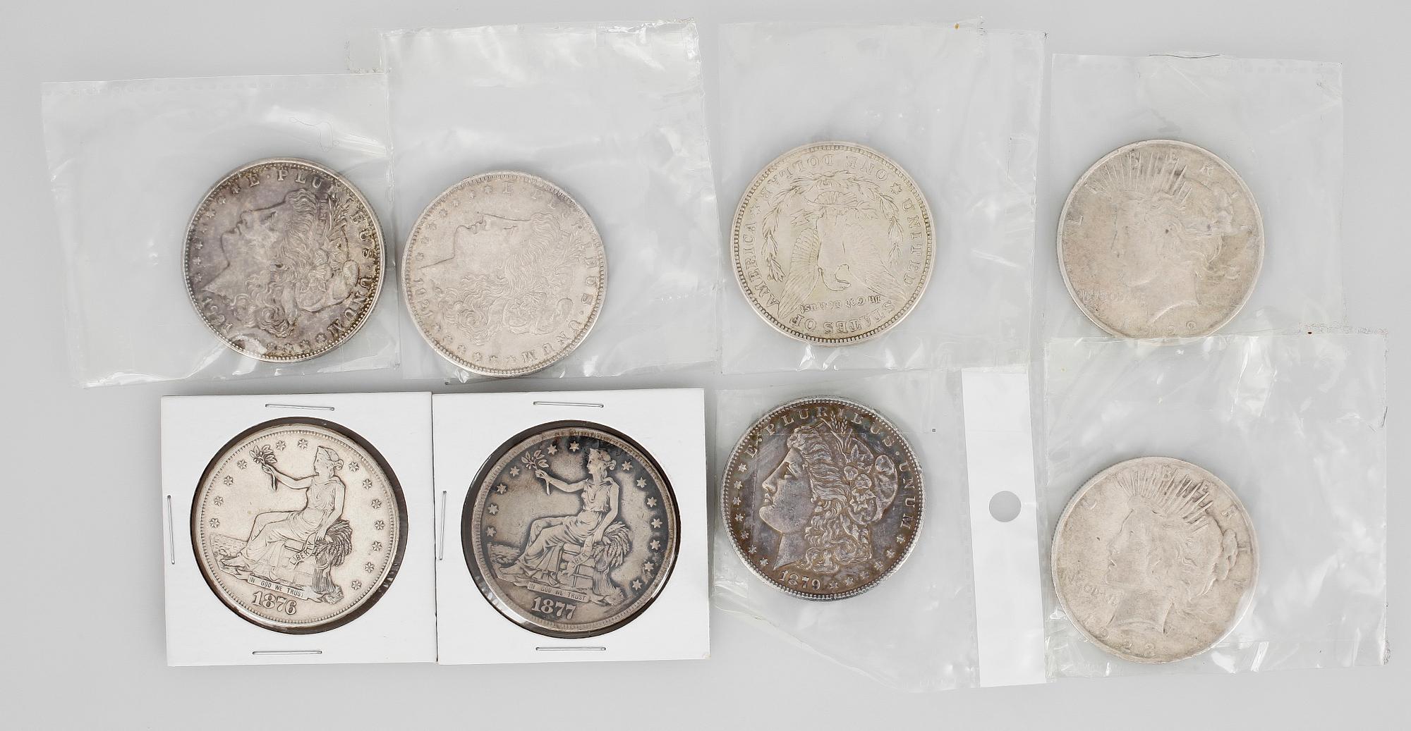 PARTI DOLLARMYNT, 8 st, silver, USA, 1876-1923. Totalvikt ca 200 gram.