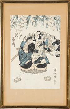 UTAGAWA KUNIYASU (1794-1832), efter, färgträsnitt, tre stycken. Japan, 1800-tal.