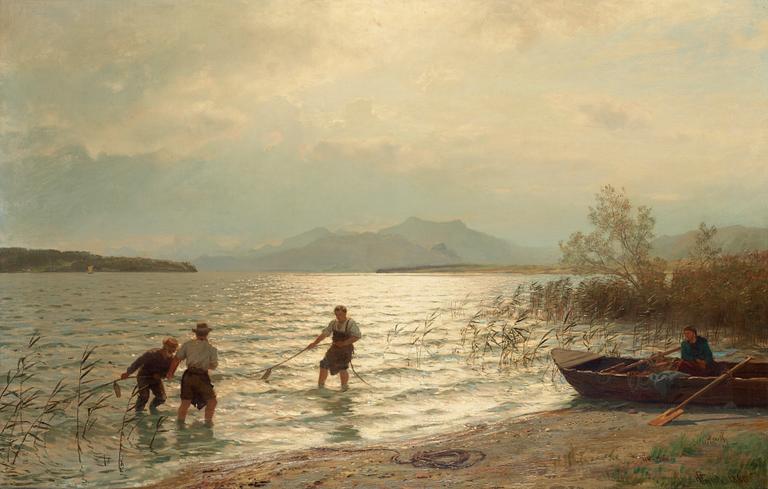 Hans Fredrik Gude, Fishing by the shore.