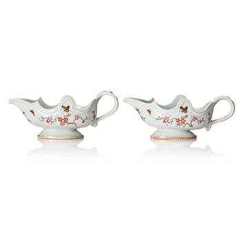 989. A pair of famille rose sauce boats, Qing dynasty, Qianlong (1736-95).