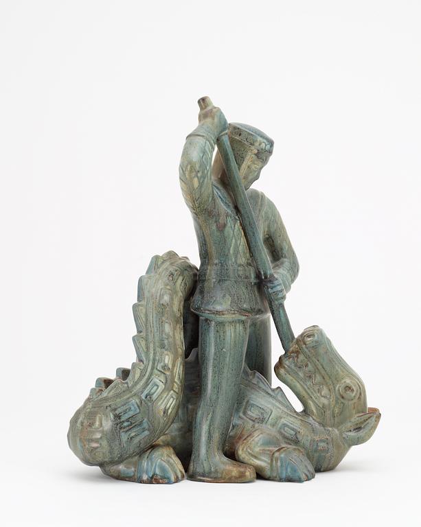 A Gunnar Nylund stoneware sculpture of S:t Michael and the dragon, Rörstrand.