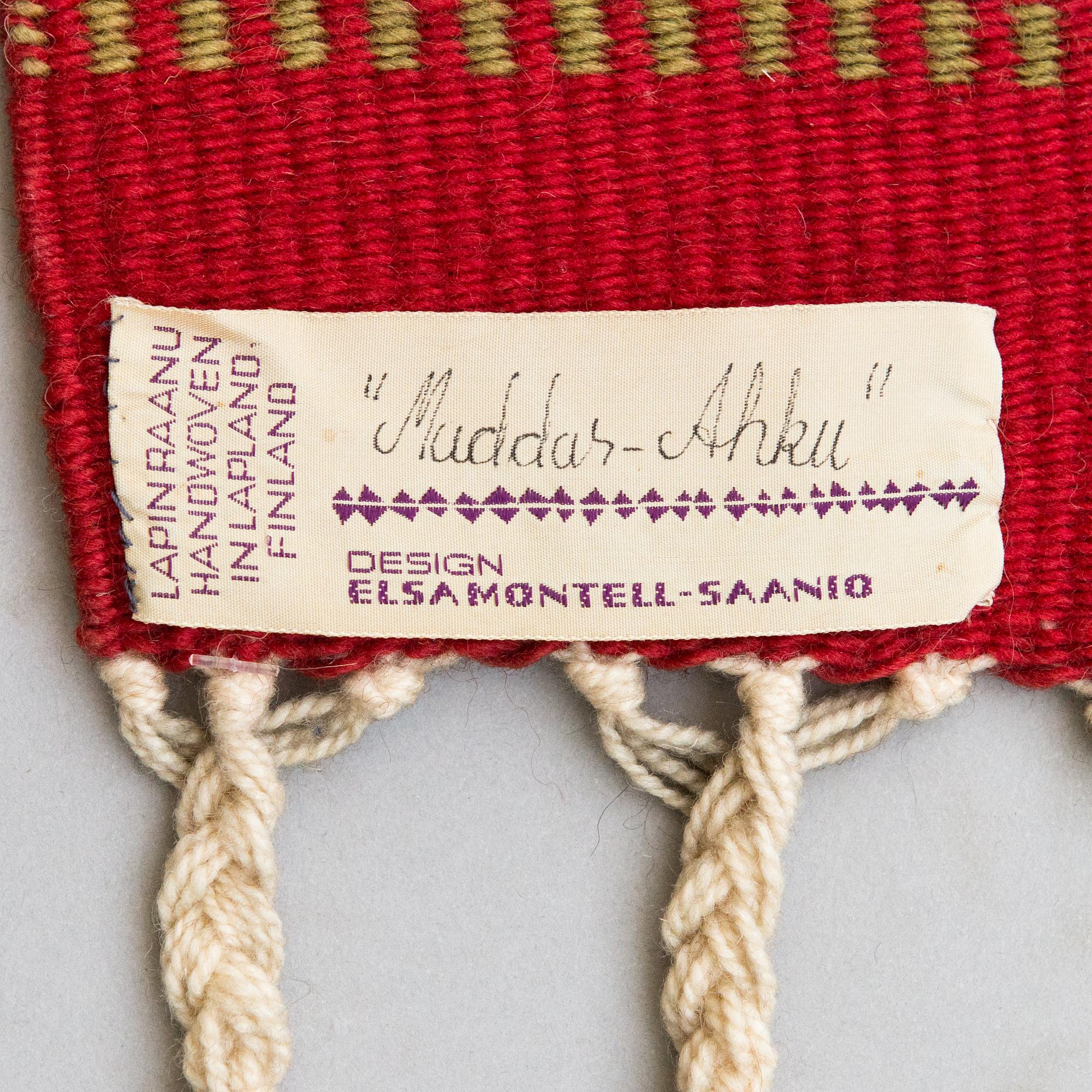 Elsa Montell-Saanio, A Raanu "Maddar Ahku" textile from Lapland designed by Elsa Montell-Saanio. Circa 132x90 cm.